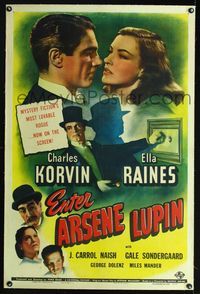 1s149 ENTER ARSENE LUPIN linen 1sheet '44 romantic close up image of Charles Korvin and Ella Raines!