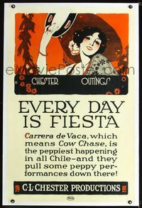 1s150 EVERY DAY IS FIESTA linen 1sh '20s art of sexy Chilean girl w/tambourine & wide-brimmed hat!