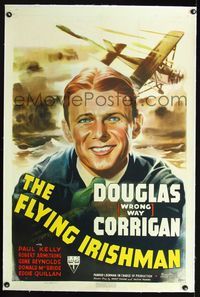 1s160 FLYING IRISHMAN linen 1sheet '39 great close up art of Douglas Wrong Way Corrigan & airplane!