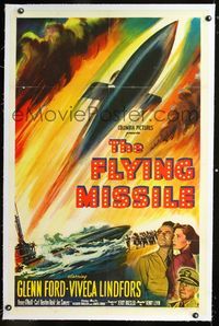1s161 FLYING MISSILE linen one-sheet '51 Glenn Ford, Viveca Lindfors, cool artwork of smart bombs!