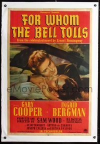1s164 FOR WHOM THE BELL TOLLS linen 1sh '43 close up romantic art of Gary Cooper & Ingrid Bergman!