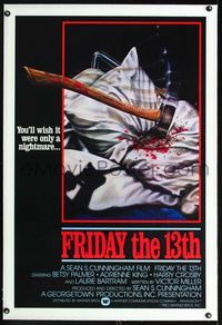 1s166 FRIDAY THE 13th linen int'l 1sheet '80 completely different Joann art of axe in bloody pillow!