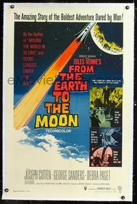 1s167 FROM THE EARTH TO THE MOON linen one-sheet '58 Jules Verne's boldest adventure dared by man!