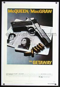 1s172 GETAWAY linen one-sheet poster '72 Steve McQueen, Ali McGraw, Sam Peckinpah, cool gun image!