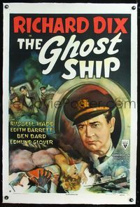 1s173 GHOST SHIP linen 1sh '43 directed by Mark Robson, produced by Val Lewton, art of Richard Dix!