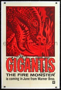 1s174 GIGANTIS THE FIRE MONSTER linen teaser 1sheet '59 cool artwork of Godzilla breathing flames!