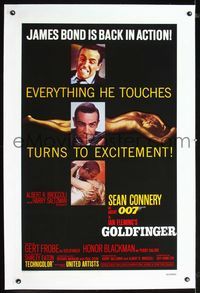 1s179 GOLDFINGER linen one-sheet movie poster R80 three great images of Sean Connery as James Bond!