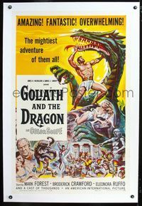 1s180 GOLIATH & THE DRAGON linen one-sheet '60 cool fantasy art of Mark Forest battling the beast!