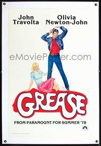 1s183 GREASE linen teaser one-sheet poster '78 artwork of teens John Travolta & Olivia Newton-John!