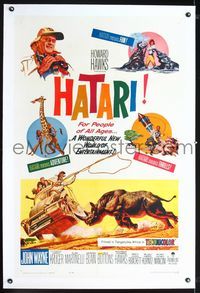 1s192 HATARI linen one-sheet poster '62 John Wayne, Howard Hawks, great artwork images of Africa!