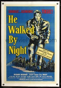 1s195 HE WALKED BY NIGHT linen 1sheet '48 cool artwork of Richard Basehart looming over Los Angeles!