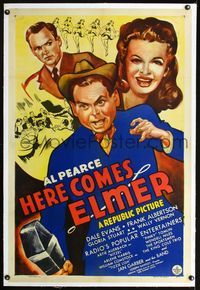 1s199 HERE COMES ELMER linen one-sheet poster '43 great artwork of Al Pearce and solo Dale Evans!