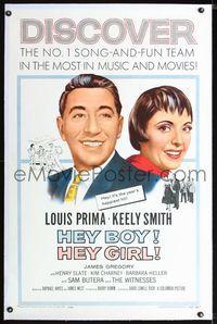 1s200 HEY BOY! HEY GIRL! linen 1sh '59 artwork of Louis Prima & Keely Smith, #1 song-and-fun team!