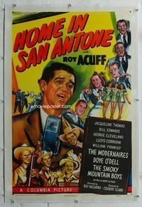 1s204 HOME IN SAN ANTONE linen 1sheet '49 great artwork of Roy Acuff singing into radio microphone!