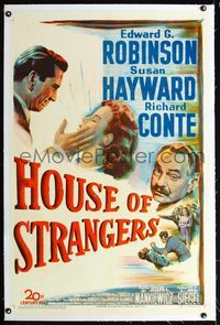 1s210 HOUSE OF STRANGERS linen 1sh '49 art of Edward G. Robinson & Richard Conte slaps Susan Hayward