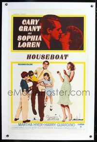 1s212 HOUSEBOAT linen one-sheet '58 romantic close up of Cary Grant & Sophia Loren, with kids too!