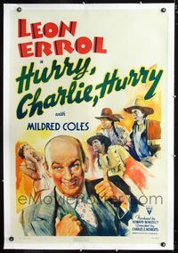 1s216 HURRY, CHARLIE, HURRY linen A one-sheet '41 great artwork of Leon Errol & Native Americans!