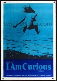 1s217 I AM CURIOUS BLUE linen one-sheet '72 Swedish sex classic, great naked skinny dipping image!