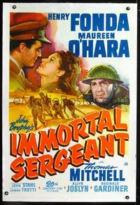 1s220 IMMORTAL SERGEANT linen 1sheet '43 romantic artwork of soldier Henry Fonda & Maureen O'Hara!