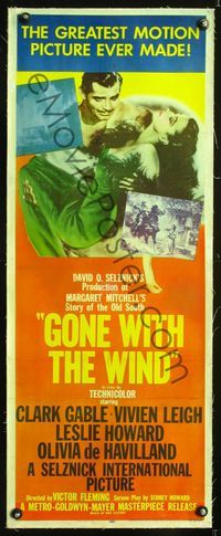 1s034 GONE WITH THE WIND linen insert R54 best art of Clark Gable carrying beautiful Vivien Leigh!