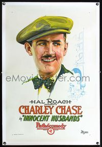 1s222 INNOCENT HUSBANDS linen 1sh '25 Hal Roach, cool stone litho close portrait of Charley Chase!