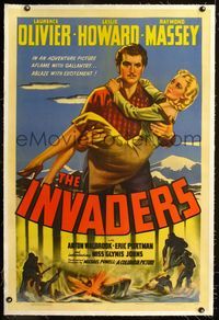 1s223 INVADERS linen 1sheet '42 Michael Powell, art of Laurence Olivier holding sexy Glynis Johns!
