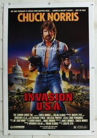 1s225 INVASION U.S.A. linen one-sheet '85 great artwork of Chuck Norris with machine guns by Watts!