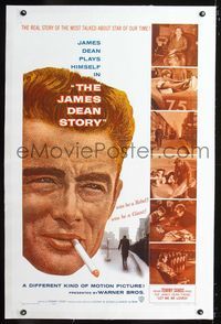 1s229 JAMES DEAN STORY linen one-sheet '57 cool close up smoking artwork, was he Rebel or Giant?