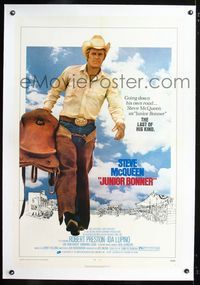 1s233 JUNIOR BONNER linen one-sheet '72 full-length rodeo cowboy Steve McQueen carrying saddle!