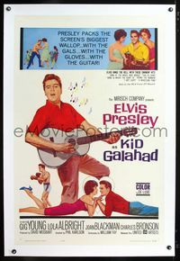 1s237 KID GALAHAD linen 1sheet '62 art of Elvis Presley singing with guitar, boxing, and romancing!