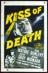 1s241 KISS OF DEATH linen one-sheet movie poster R53 Victor Mature, film noir classic!