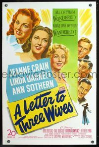 1s247 LETTER TO THREE WIVES linen 1sheet '49 Jeanne Crain, Darnell, Ann Sothern, young Kirk Douglas!
