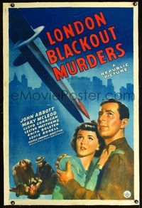 1s252 LONDON BLACKOUT MURDERS linen one-sheet poster '42 cool artwork of giant blood-stained knife!