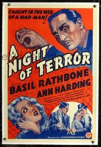 1s257 LOVE FROM A STRANGER linen one-sheet R42 Basil Rathbone, Agatha Christie, A Night of Terror!