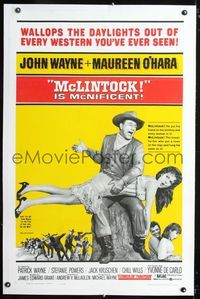 1s271 McLINTOCK linen one-sheet '63 best image of John Wayne giving Maureen O'Hara a spanking!