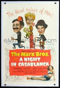1s285 NIGHT IN CASABLANCA linen 1sh '46 wonderful art of The Marx Brothers, Groucho, Chico & Harpo!