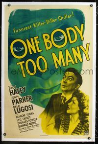 1s293 ONE BODY TOO MANY linen 1sheet '44 huge spooky headshot of Bela Lugosi peeking through title!