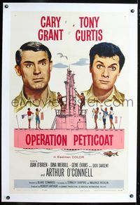 1s299 OPERATION PETTICOAT linen 1sh '59 great artwork of Cary Grant & Tony Curtis on pink submarine!