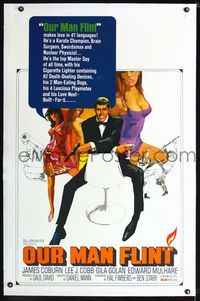 1s301 OUR MAN FLINT linen one-sheet '66 Bob Peak art of James Coburn, sexy James Bond spy spoof!
