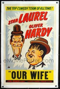 1s302 LAUREL & HARDY linen one-sheet poster '40s cool headshot artwork of Stan Laurel & Oliver Hardy!