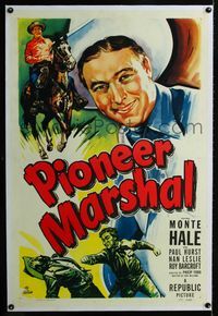 1s311 PIONEER MARSHAL linen one-sheet '49 great huge close up smiling artwork of cowboy Monte Hale!