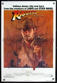 1s319 RAIDERS OF THE LOST ARK linen one-sheet '81 great Richard Amsel artwork of Harrison Ford!