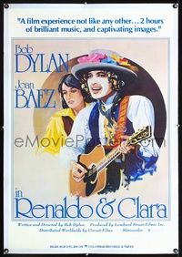 1s324 RENALDO & CLARA linen one-sheet poster '78 great artwork of Bob Dylan & Joan Baez by Hadley!