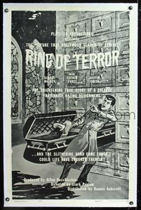 1s327 RING OF TERROR linen one-sheet poster '60 wacky Kane art of man grabbed by hand in coffin!