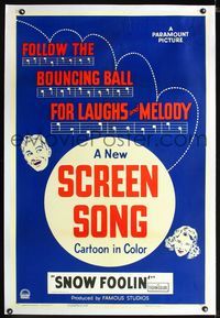1s284 NEW SCREEN SONG CARTOON IN COLOR linen one-sheet '49 Snow Foolin', follow the bouncing ball!