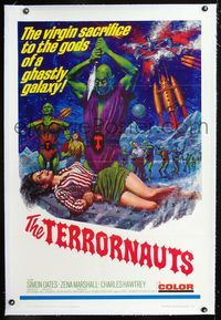 1s383 TERRORNAUTS linen 1sh '67 wild art of alien virgin sacrifice to the gods of a ghastly galaxy!