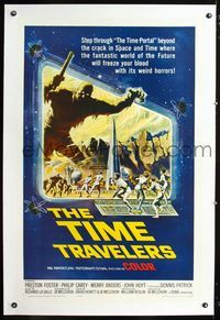 1s392 TIME TRAVELERS linen one-sheet '64 cool Reynold Brown art of the crack in space and time!