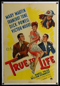 1s396 TRUE TO LIFE linen one-sheet '43 artwork of sexy Mary Martin, Dick Powell & Franchot Tone!