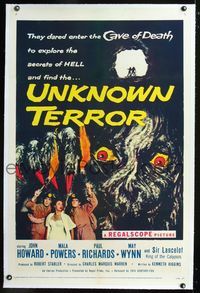 1s402 UNKNOWN TERROR linen 1sh '57 they dared enter the Cave of Death & explore the secrets of HELL!