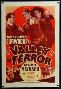 1s406 VALLEY OF TERROR linen one-sheet '37 Kermit Maynard punching, written by James Oliver Curwood!